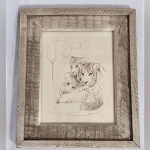 Vintage 1970's Tiger & Cubs Lithograph Print by Artist William W. Tara 17 x 20